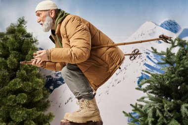 Noel Baba gibi giyinmiş sportif sakallı adam profil oluşturan kayak sopalarıyla çömelmiş, kış konsepti.