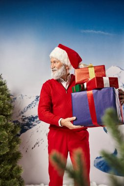 handsome Santa holding presents next to pines looking away and smiling sincerely, winter concept clipart