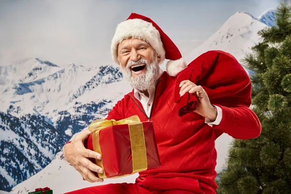 stock image cheerful man dressed as Santa smiling happily at camera holding gift bag and present, winter concept