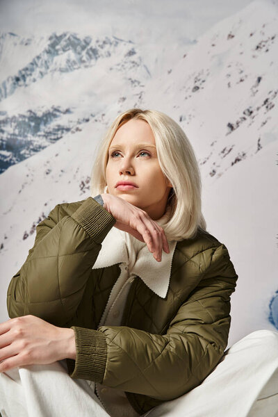 portrait of dreamy woman sitting on snow with hand under chin and looking away, winter fashion