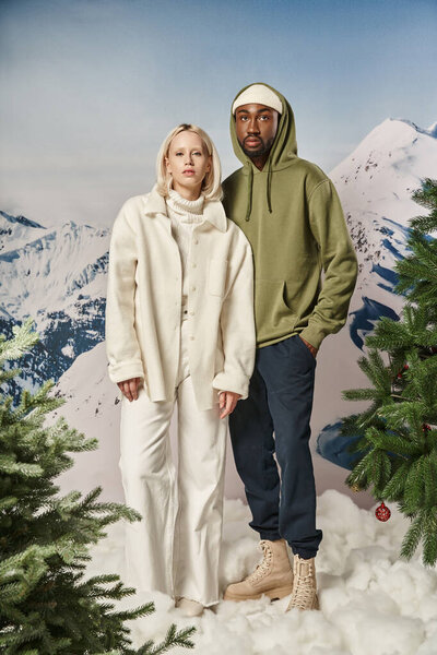 красивая мультикультурная пара, стоящая бок о бок с горным фоном, зимняя мода