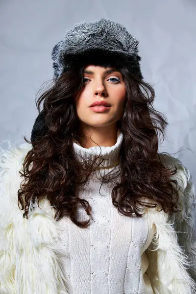 stock image gorgeous woman in white faux fur jacket, hat and sweater posing on grey backdrop, winter beauty