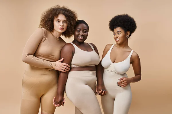 Smiling Size Multiracial Women Lingerie Posing Beige Beauty Body Positivity — Stock Photo, Image