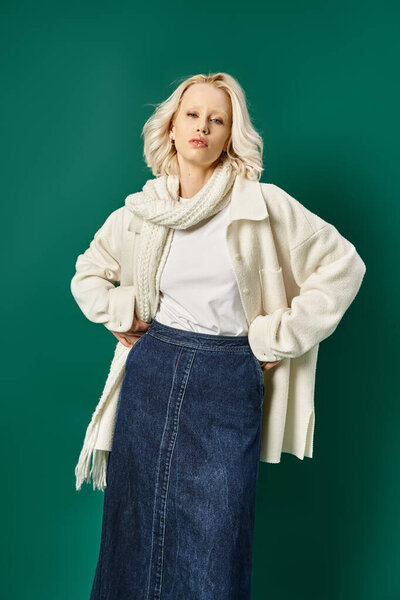 стильная блондинка в белой куртке и джинсовой юбке позирует руками на бёдрах на бирюзовом фоне