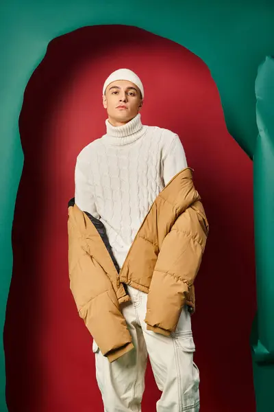 Stylish Man Beanie White Sweater Winter Puffer Jacket Ripped Red — Stock Photo, Image