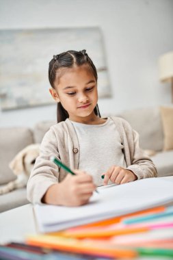 Günlük giysiler içinde, renkli kalemle Labrador 'un yanına resim çizen tatlı bir çocuk.