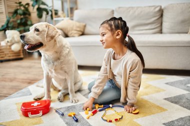 happy girl in casual attire playing doctor with labrador in modern living room, toy first aid kit clipart