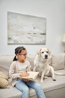 Gündelik giyinmiş, gözlüklü, labrador köpeğinin yanında kitap okuyan tatlı bir kız. Oturma odasındaki kanepede.