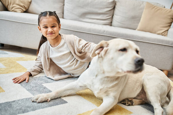 happy cute girl sitting on carpet and stroking labrador in modern living room, kid and dog