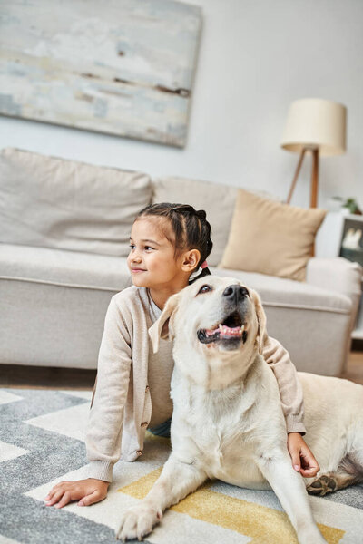 happy cute girl sitting on carpet and stroking labrador in modern living room, kid and furry friend