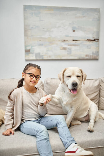 happy elementary age girl in eyeglasses holding paw of labrador and sitting on sofa in living room