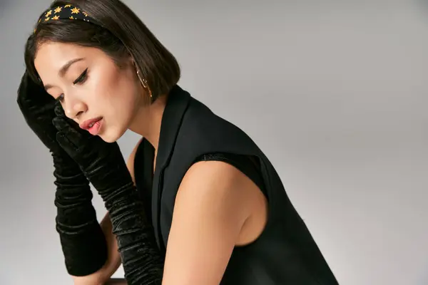 Attractive Dreamy Asian Woman Elegant Attire Gloves Posing Grey Background — Stock Photo, Image