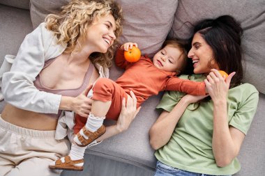 Çekici, neşeli lgbt çifti kanepeye uzanmış ellerinde bebek mandalinalarıyla, aile kavramı.