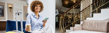 banner of happy african american woman with coffee to go and smartphone sitting in hotel lobby clipart