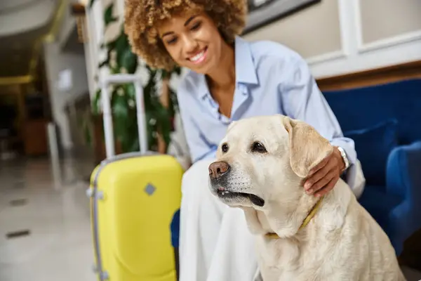 stock image happy traveler waiting for check in with Labrador in pet-friendly hotel, black woman with dog