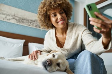 Mutlu Afrikalı Amerikalı kadın, Labrador 'la bir otel odasındaki yatakta selfie çekiyor.