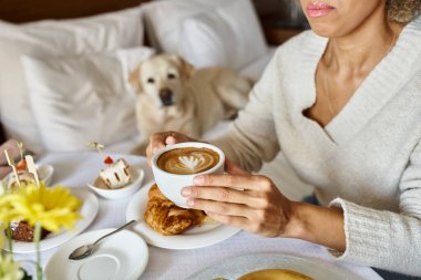 Afro-Amerikalı bir kadın, labrador köpeğinin yanında ev hayvanı dostu bir otelde oda servisi kahvaltısının tadını çıkarıyor.