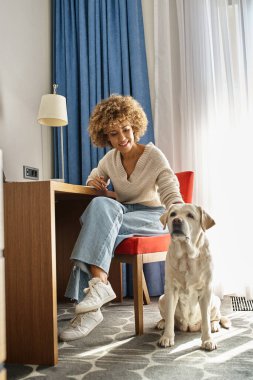 Mutlu Afro-Amerikan kadın uzaktan kumandayla hayvan dostu oteldeki labradorunun yanında çalışıyor.