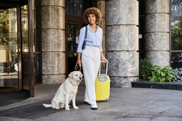 stock image happy african american woman with dog and luggage standing near entrance of pet friendly hotel