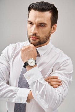 portrait of serious businessman in suit standing with confidence while posing on grey background clipart