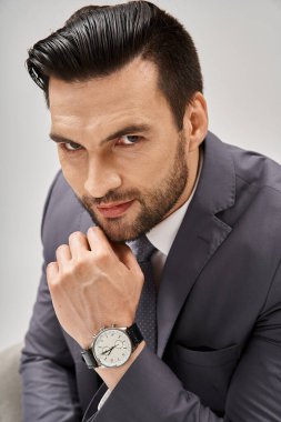 portrait of handsome businessman in elegant suit sitting on comfy armchair on grey backdrop clipart