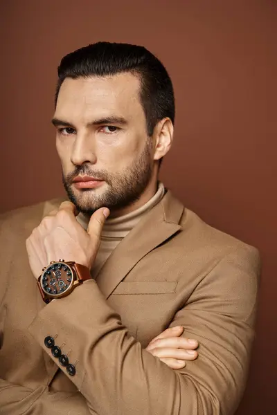 Handsome Man Turtleneck Blazer Giving Confident Look Posing Hand Chin — Stock Photo, Image