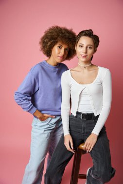 cheerful african american woman posing near girlfriend sitting on high stool on pink, lgbtq couple clipart