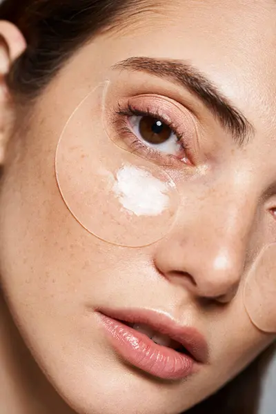 Young Caucasian Woman Eye Patches Exuding Serene Beauty Routine Close — Stock Photo, Image