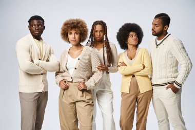 Gri arka planda birlikte poz veren Afro-Amerikan erkek ve kadın grupları: