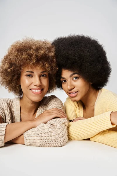two curly african american friends in casual attire looking at camera on grey background, Juneteenth