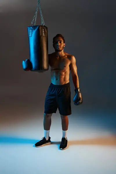 stock image jolly athletic african american man in sportwear with arms akimbo smiling joyfully at camera, banner