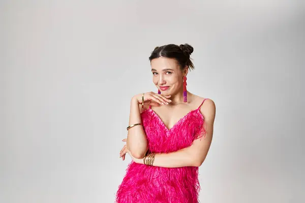 Playful Girl Trendy Pink Gown Giggles Touches Her Face Posing — Stock Photo, Image