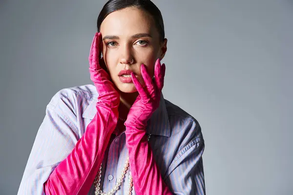 Dreamy Woman Violet Shirt Pearls Pink Trendy Gloves Touching Her — Stock Photo, Image
