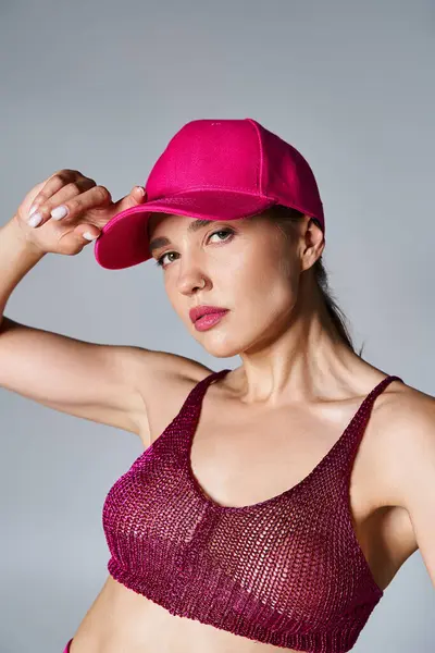 Portrait Fancy Brunette Woman Red Top Touching Pink Cap One — Stock Photo, Image