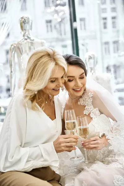 穿着婚纱的年轻新娘和她的母亲坐在一起 拿着酒杯在新娘沙龙里 — 图库照片