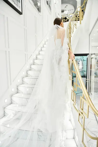 Young Brunette Bride Wedding Dress Stands Elegantly Staircase — Stock Photo, Image