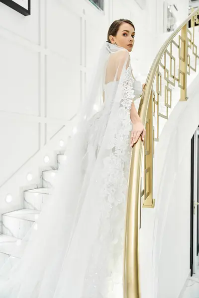 Young Brunette Bride Wedding Dress Stands Gracefully Staircase — Stock Photo, Image