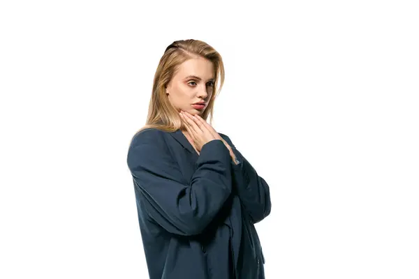 Good Looking Blonde Woman Elegant Blue Blazer Posing White Background — Stock Photo, Image
