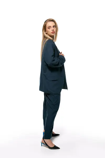 Attractive Woman Blonde Hair Blue Elegant Blazer Posing White Background — Stock Photo, Image