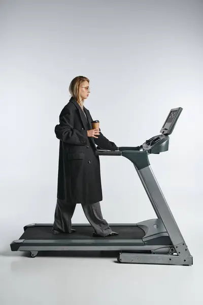 Appealing Graceful Woman Stylish Black Coat Trendy Glasses Posing Treadmill — Stock Photo, Image