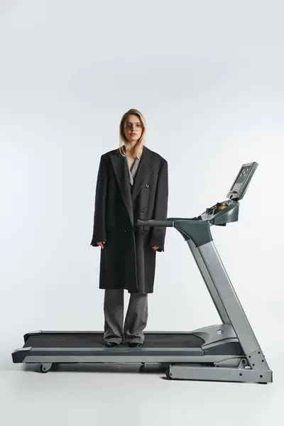 Good Looking Graceful Woman Stylish Glasses Coat Posing Treadmill Looking — Stock Photo, Image