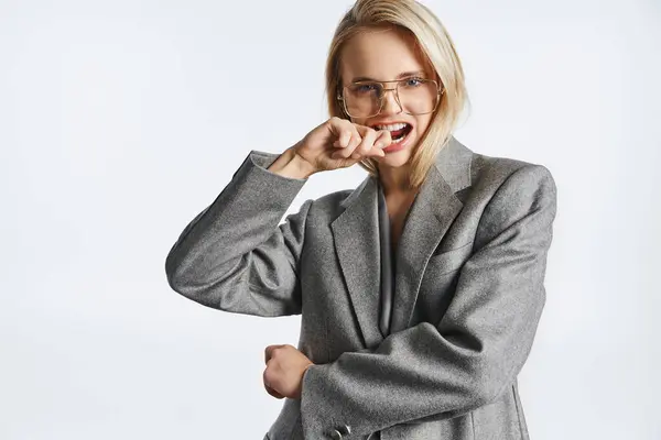 Joyous Appealing Woman Blonde Hair Stylish Glasses Gray Suit Looking — Stock Photo, Image