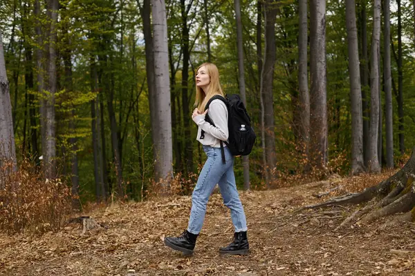 Mulher Loira Aventureiro Aconchegante Camisola Jeans Caminhando Pela Floresta Com — Fotografia de Stock