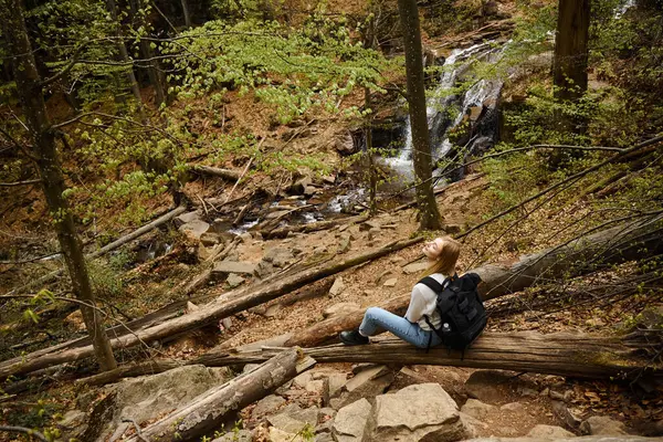 stock image Back view of young blonde female hiker sitting near waterfall and resting during trekking, adventure