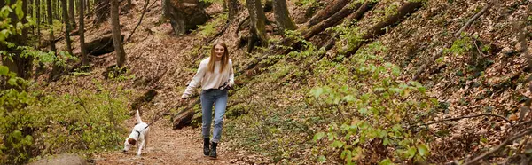 Mujer Joven Sonriente Suéter Jeans Perro Paseante Con Correa Camino —  Fotos de Stock