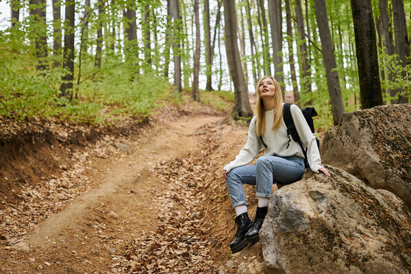 Любопытная блондинка-туристка в рюкзаке, отдыхает на камнях, сидит в глубоком лесу