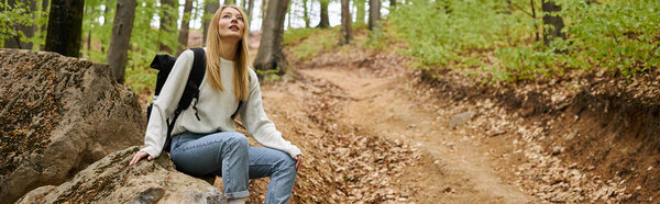 Любопытная блондинка-туристка в рюкзаке, отдыхает на скалах, сидит в глубоком лесу, плакат