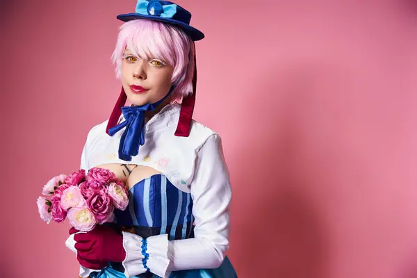 Beautiful Cute Female Cosplayer Vibrant Costume Holding Pink Flowers Looking — Foto Stock