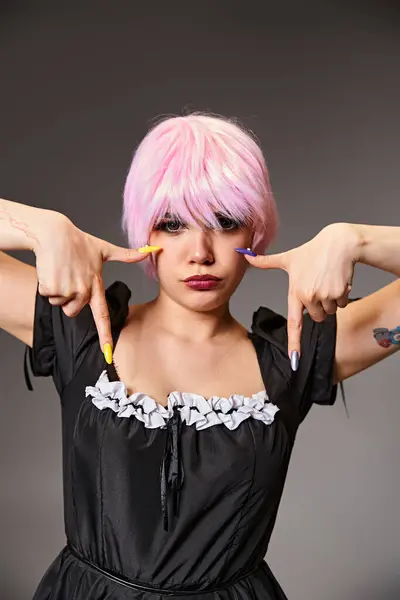 Good Looking Female Cosplayer Black Sexy Dress Showing Crying Gestures — Stock Photo, Image