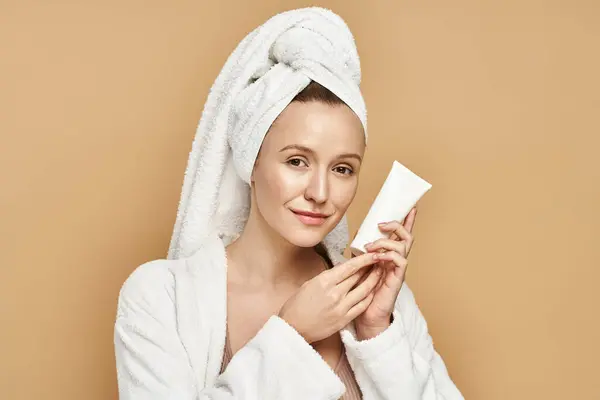 Graceful Woman Bathrobe Delicately Holding Towel Exuding Tranquility Elegance — Stock Photo, Image